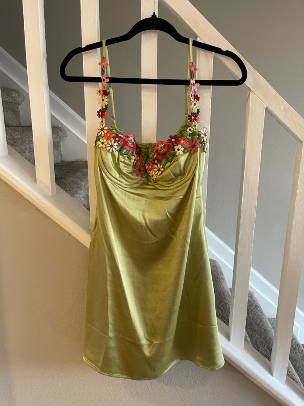 Princess Polly Olive Satin Mini Dress with Floral Embroidery - Picture 2 of 5